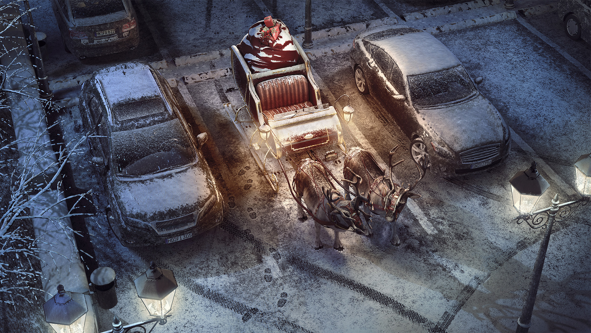 3D render of Santa Claus in a snow covered parking