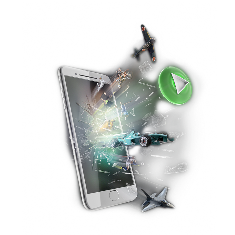 3D render showing airplanes smashing through a smartphone's glass and coming into reality