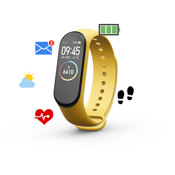 3D Render of Xiaomi Mi Band with various info-dots floating around it